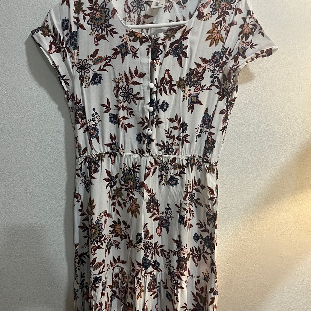 Passport White Midi Dress with Brown and Blue Floral Print